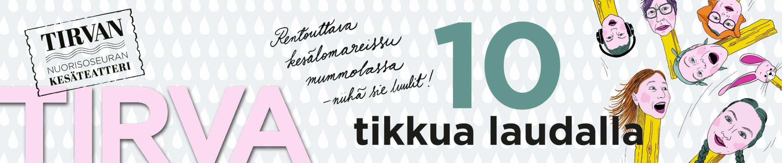 Tirvan kesäteatterin yläbannerin mainoskuva 2022 esitykselle 10 tikkua laudalla. Kuvitus ja graafinen suunnittelu Silva Kärpänoja, Taikasipuli.