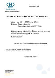 Tirvan Nuorisoseuran syyskokous 16.11.2025